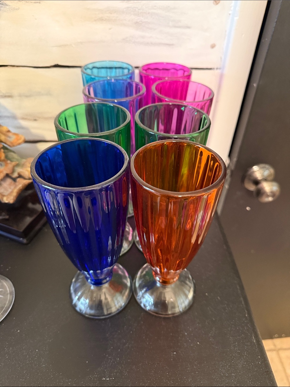 VINTAGE HEAVY Set of Colorful Ribbed Glass Goblets USED IN 50’s for COKE FLOATS